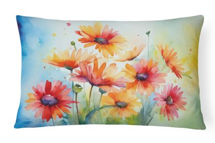 Flowers in Watercolor Throw Pillow Throw Pillow for Indoor Couch Bed Outdoor Patio Washable, Gerbera Daisies 1573,12Hx16W