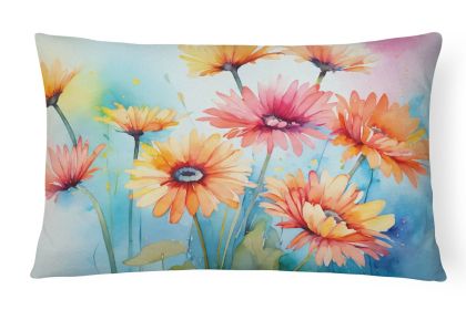 Flowers in Watercolor Throw Pillow Throw Pillow for Indoor Couch Bed Outdoor Patio Washable, Gerbera Daisies 1570,12Hx16W