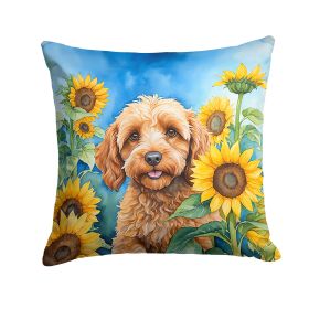 Cockapoo in Sunflowers Throw Pillow Machine Washable, Indoor Outdoor Decorative Pillow for Couch, Bed or Patio, 14Hx14W