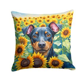 Manchester Terrier in Sunflowers Throw Pillow Machine Washable, Indoor Outdoor Decorative Pillow for Couch, Bed or Patio, 14Hx14W