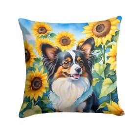 Papillon in Sunflowers Throw Pillow Machine Washable, Indoor Outdoor Decorative Pillow for Couch, Bed or Patio, 14Hx14W